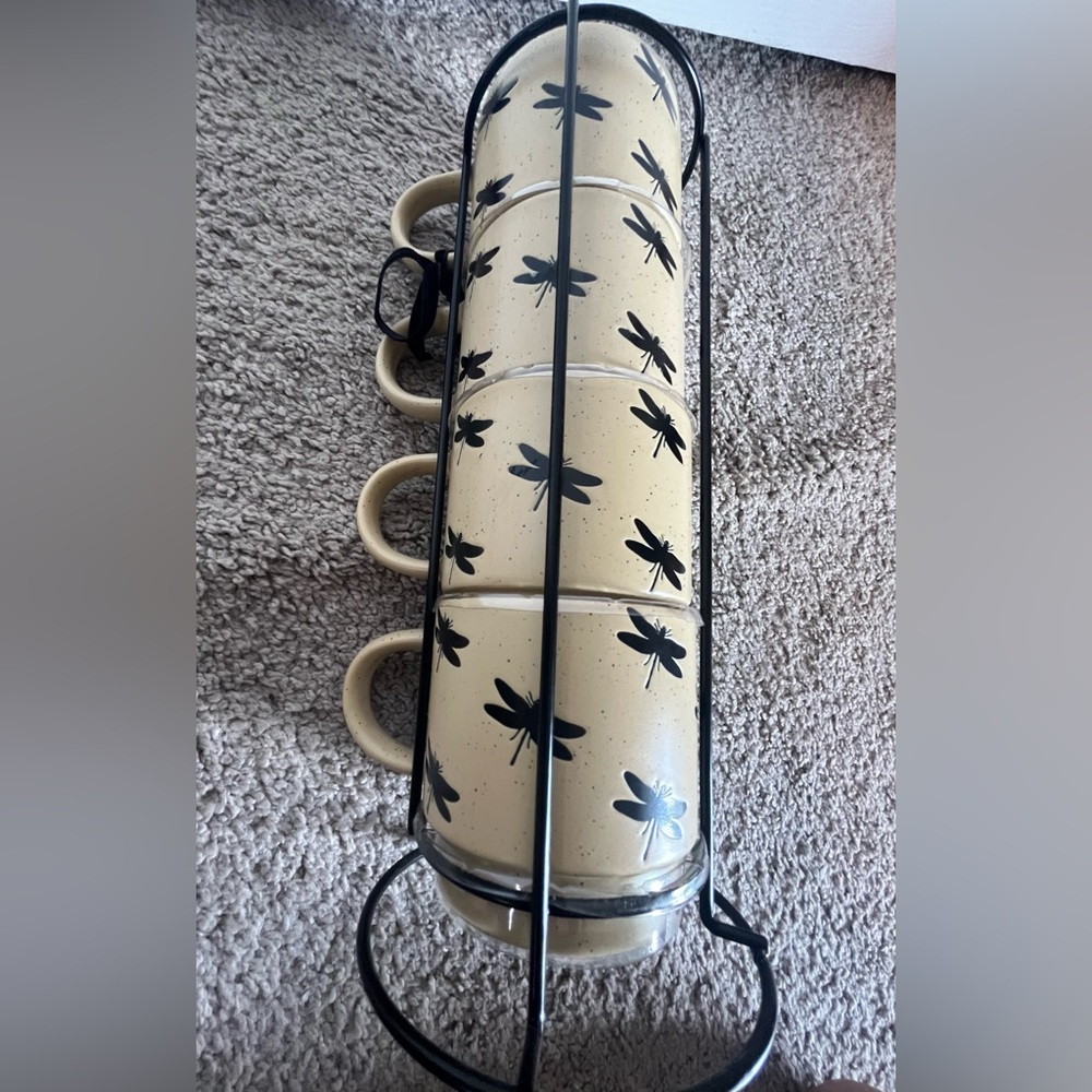 NWT Dragonfly Design Stacking Coffee Mugs with Stand - Picture 6 of 9